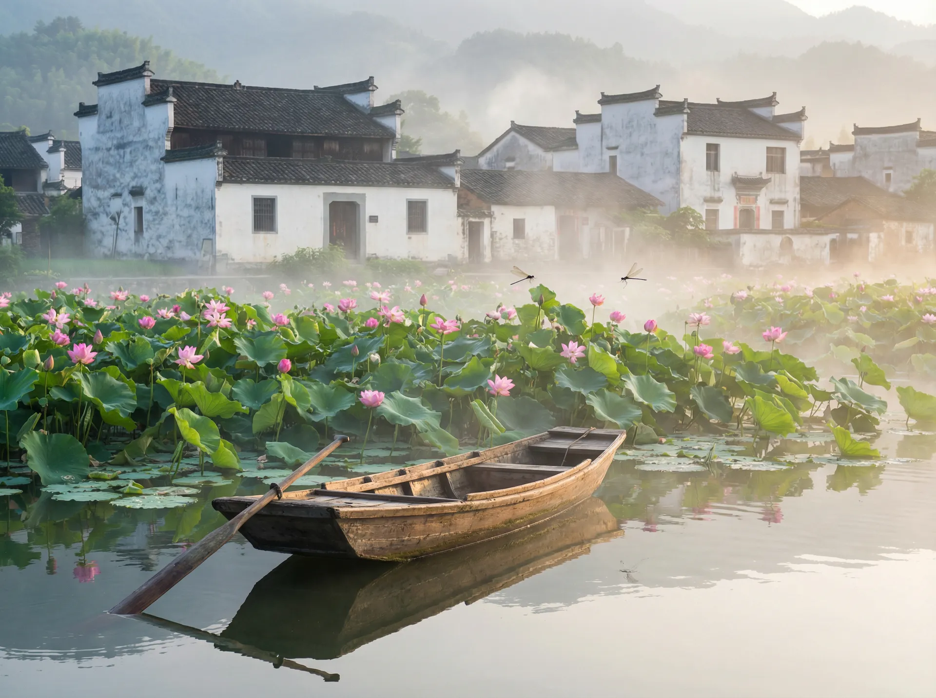 清晨荷塘小舟，粉色荷花盛开，白墙黑瓦的村庄 - 老汉推车- 水乡风情